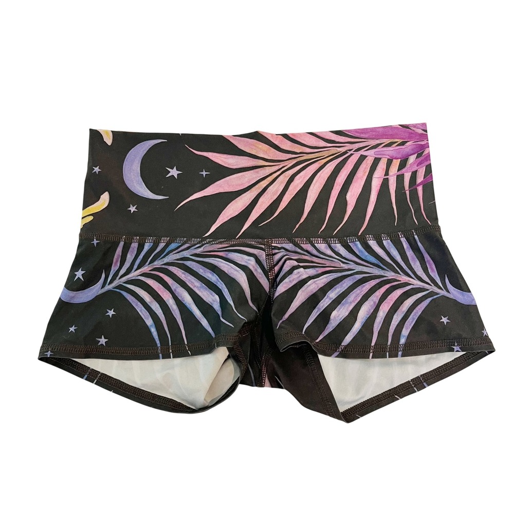 Teeki Phoenix Rising Yoga Shorts Black Celestial Moon Palm Print - Size Medium